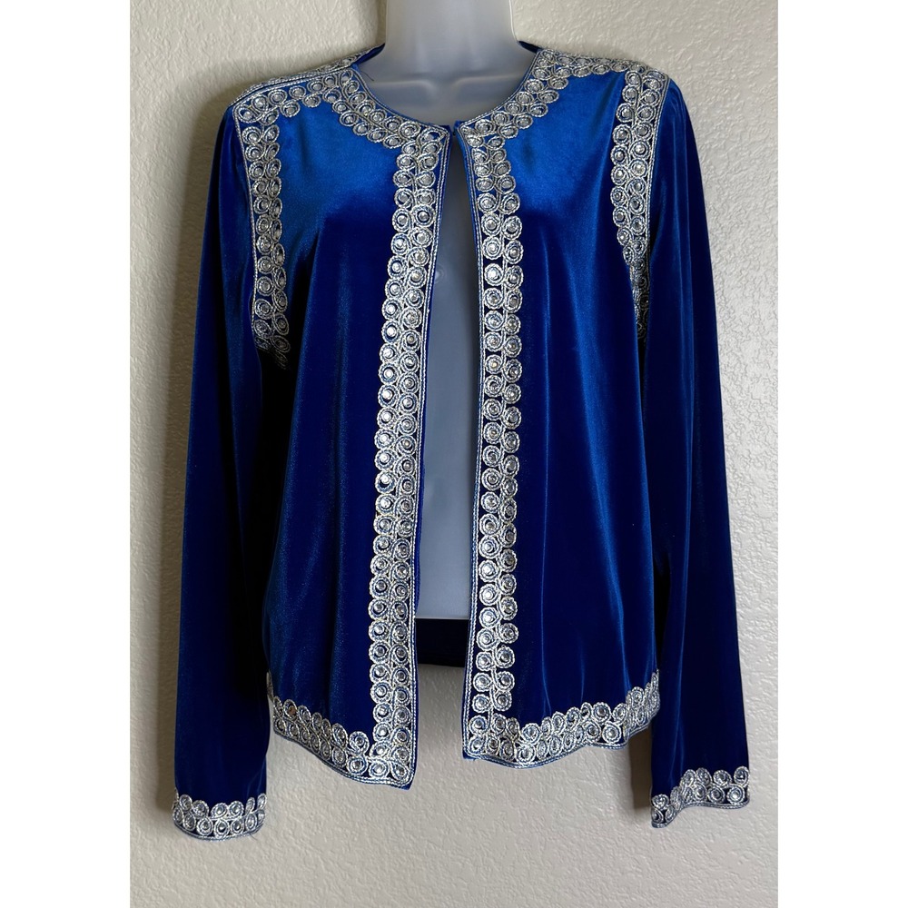 Victor Costa Occasion‎ Womens M Jacket Blue Velvet Silver Trim Rhinestone NEW